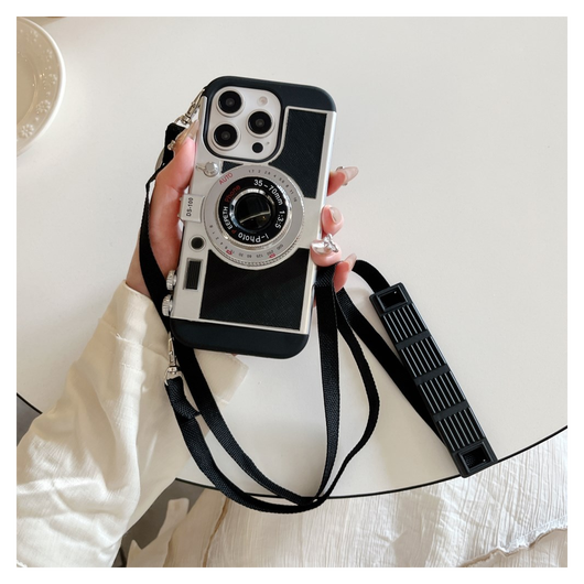iPhone 14 Pro Hoesje Vintage Retro Camera Back Cover met Koord Zwart afbeelding 5
