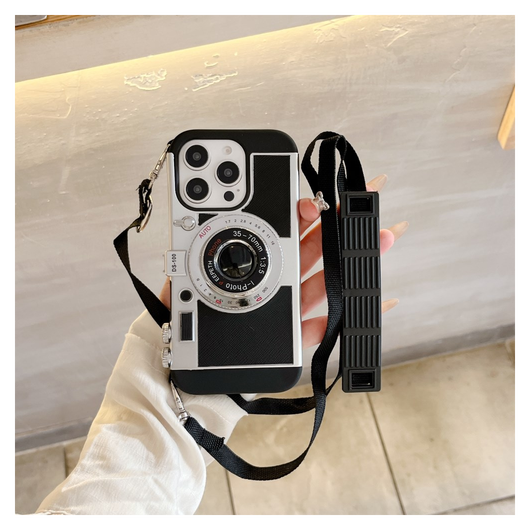 iPhone 14 Pro Hoesje Vintage Retro Camera Back Cover met Koord Zwart afbeelding 6