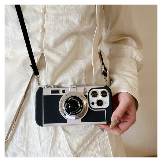 iPhone 14 Pro Hoesje Vintage Retro Camera Back Cover met Koord Zwart afbeelding 7
