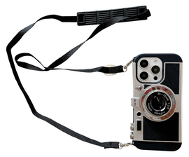 iPhone 14 Pro Hoesje Vintage Retro Camera Back Cover met Koord Zwart