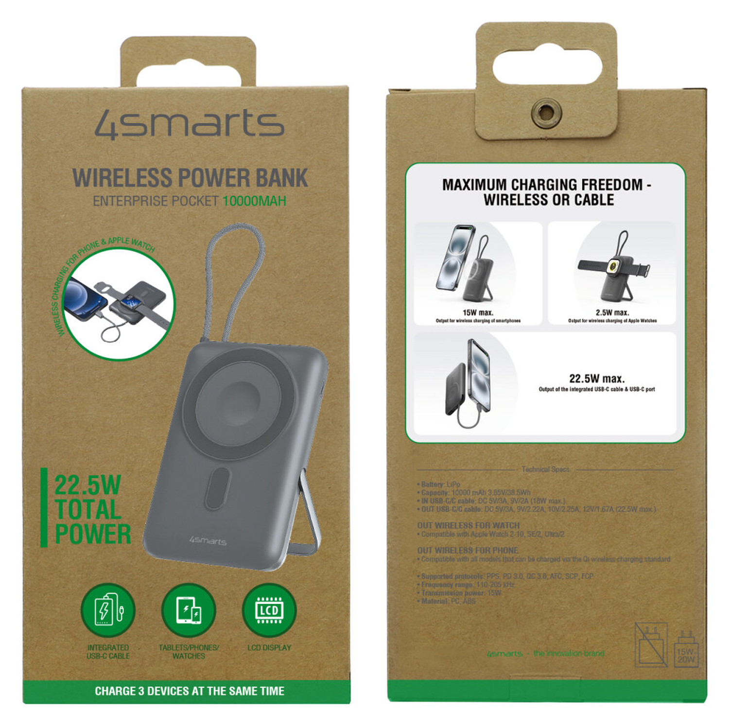4smarts 10.000 mAh MagSafe/Qi2 Powerbank met Ingebouwde USB-C Kabel 22.5W Zwart afbeelding 10