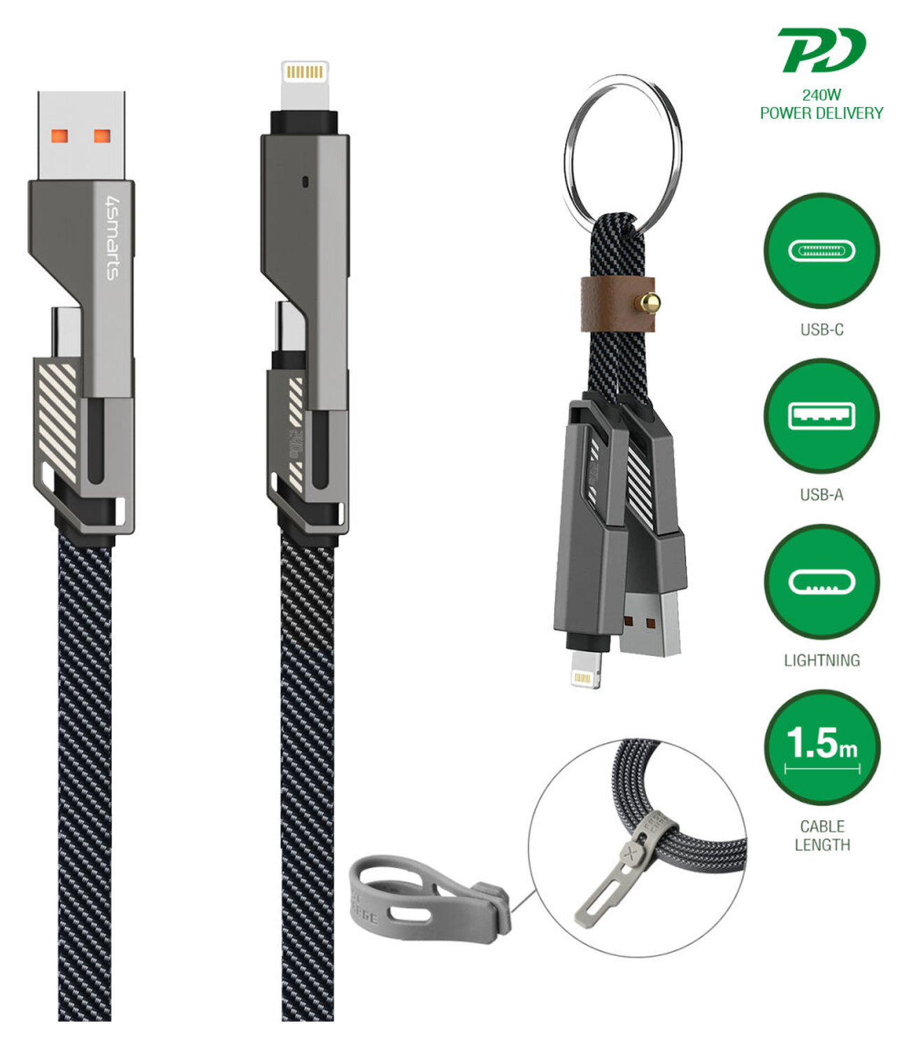 4smarts ComboCord Flat 240W USB-C/USB-A naar USB-C/Lightning Kabel 1.5M Grijs afbeelding 2