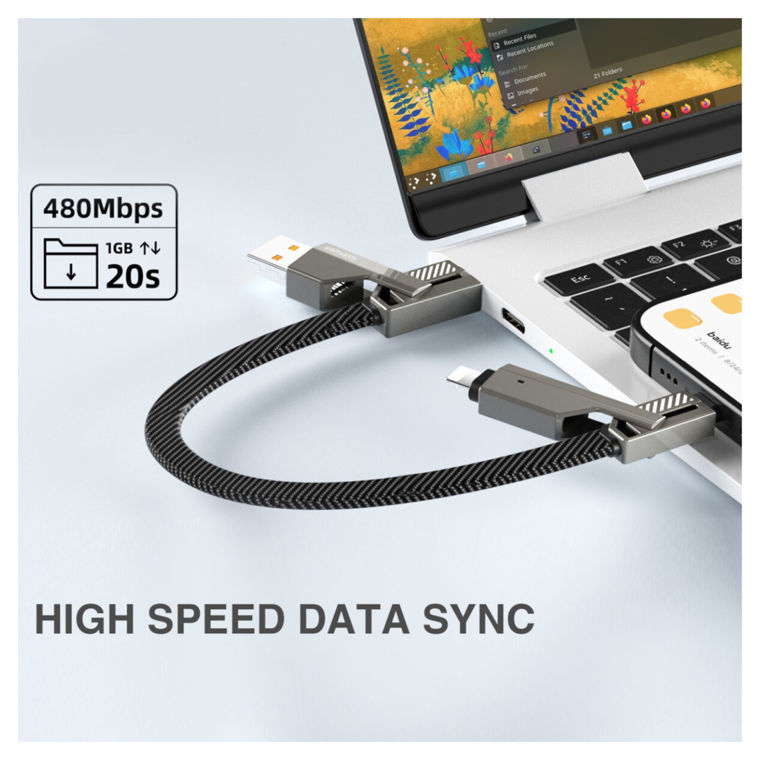 4smarts ComboCord Flat 240W USB-C/USB-A naar USB-C/Lightning Kabel 1.5M Grijs afbeelding 4