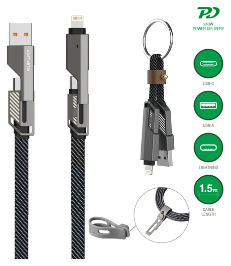 4smarts ComboCord Flat 240W USB-C/USB-A naar USB-C/Lightning Kabel 1.5M Grijs afbeelding 2