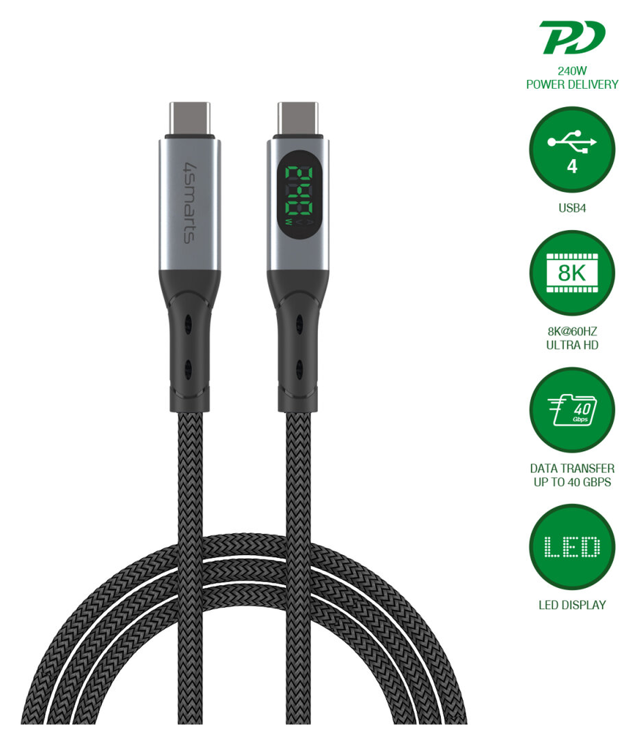 4smarts USB4 240W USB-C 8K@60Hz Video Monitor Kabel 40Gbps 1.5M Zwart afbeelding 2