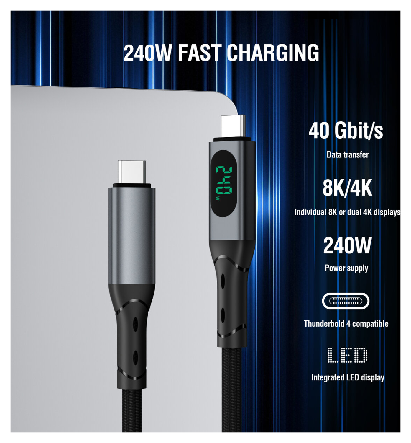 4smarts USB4 240W USB-C 8K@60Hz Video Monitor Kabel 40Gbps 1.5M Zwart afbeelding 3