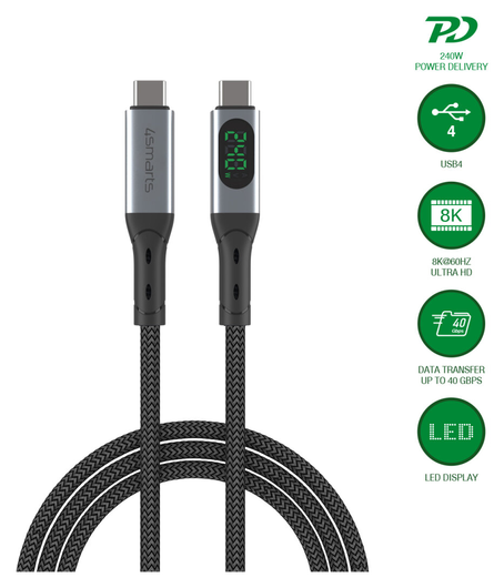 4smarts USB4 240W USB-C 8K@60Hz Video Monitor Kabel 40Gbps 1.5M Zwart afbeelding 2