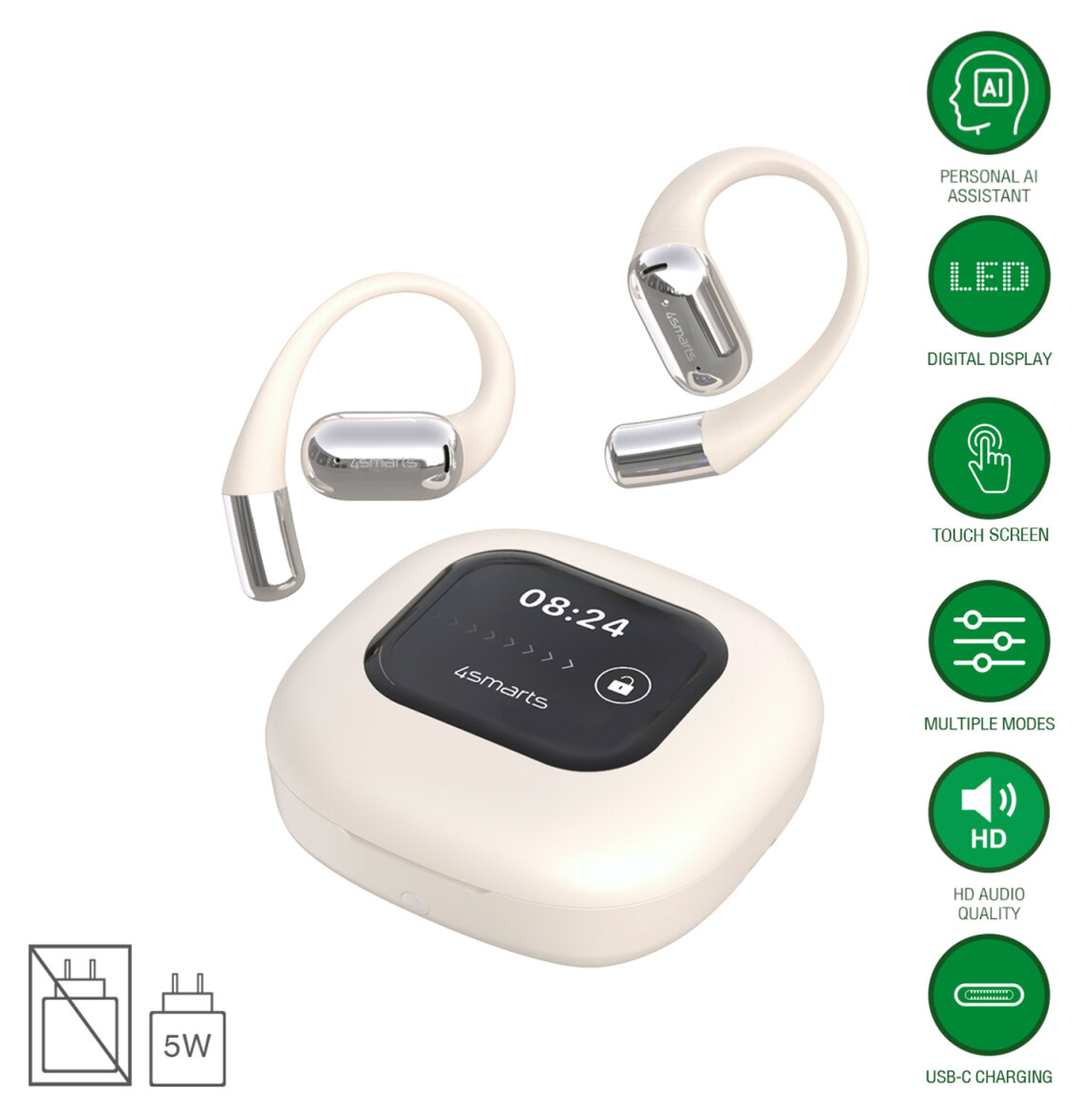 4smarts SkyBuds AI Screen Open-Ear Wireless Headset Bluetooth Oordopjes Beige afbeelding 2