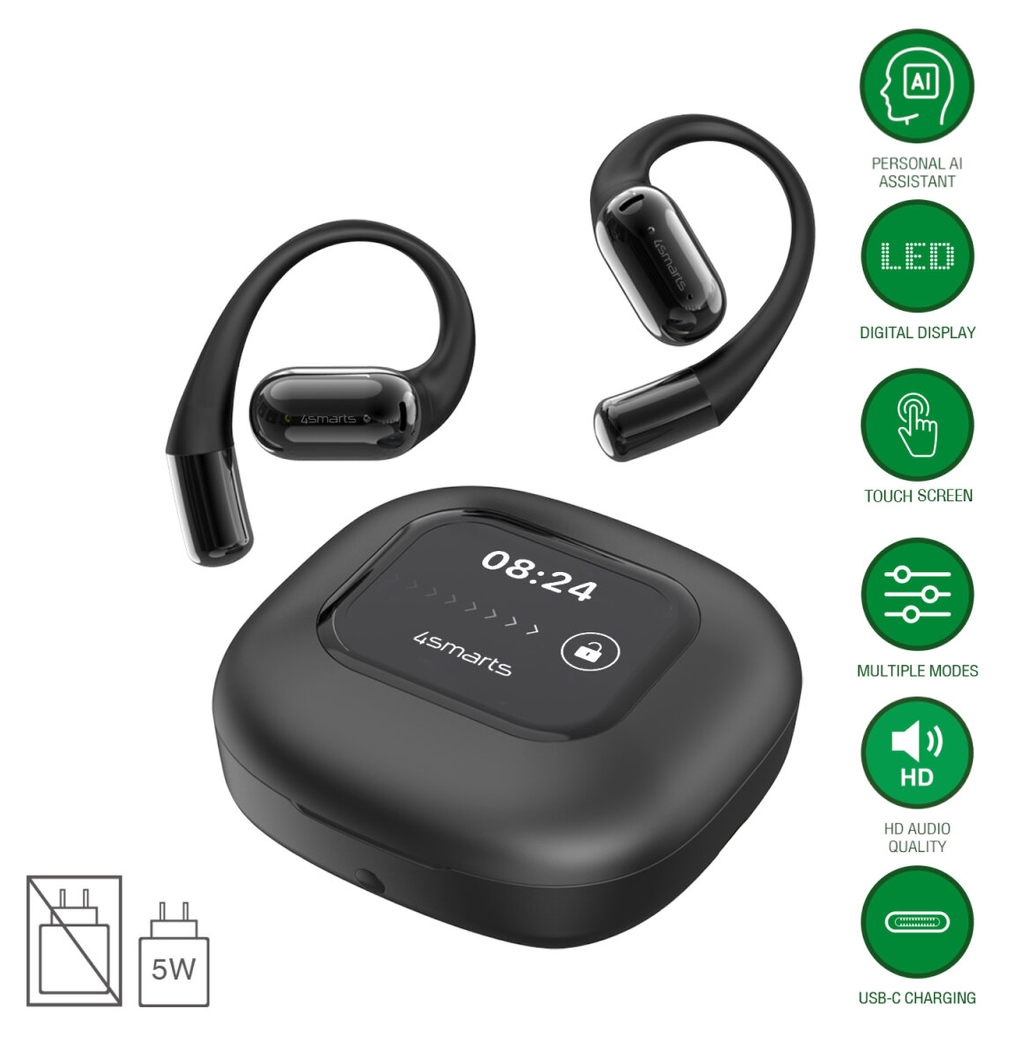 4smarts SkyBuds AI Screen Open-Ear Wireless Headset Bluetooth Oordopjes Zwart afbeelding 2