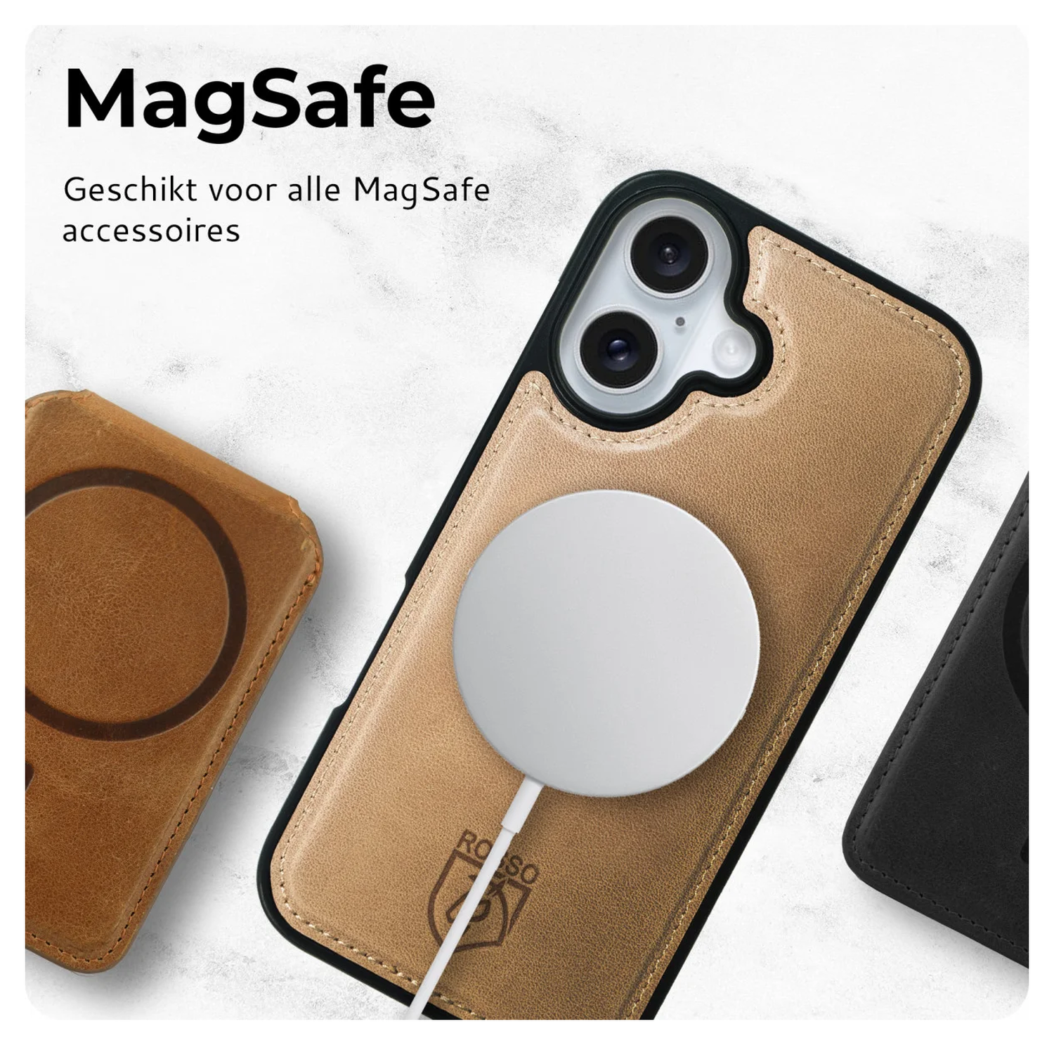 Rosso Elite Apple iPhone 17 Hoesje met MagSafe Book Case Echt Leer Licht Bruin afbeelding 2