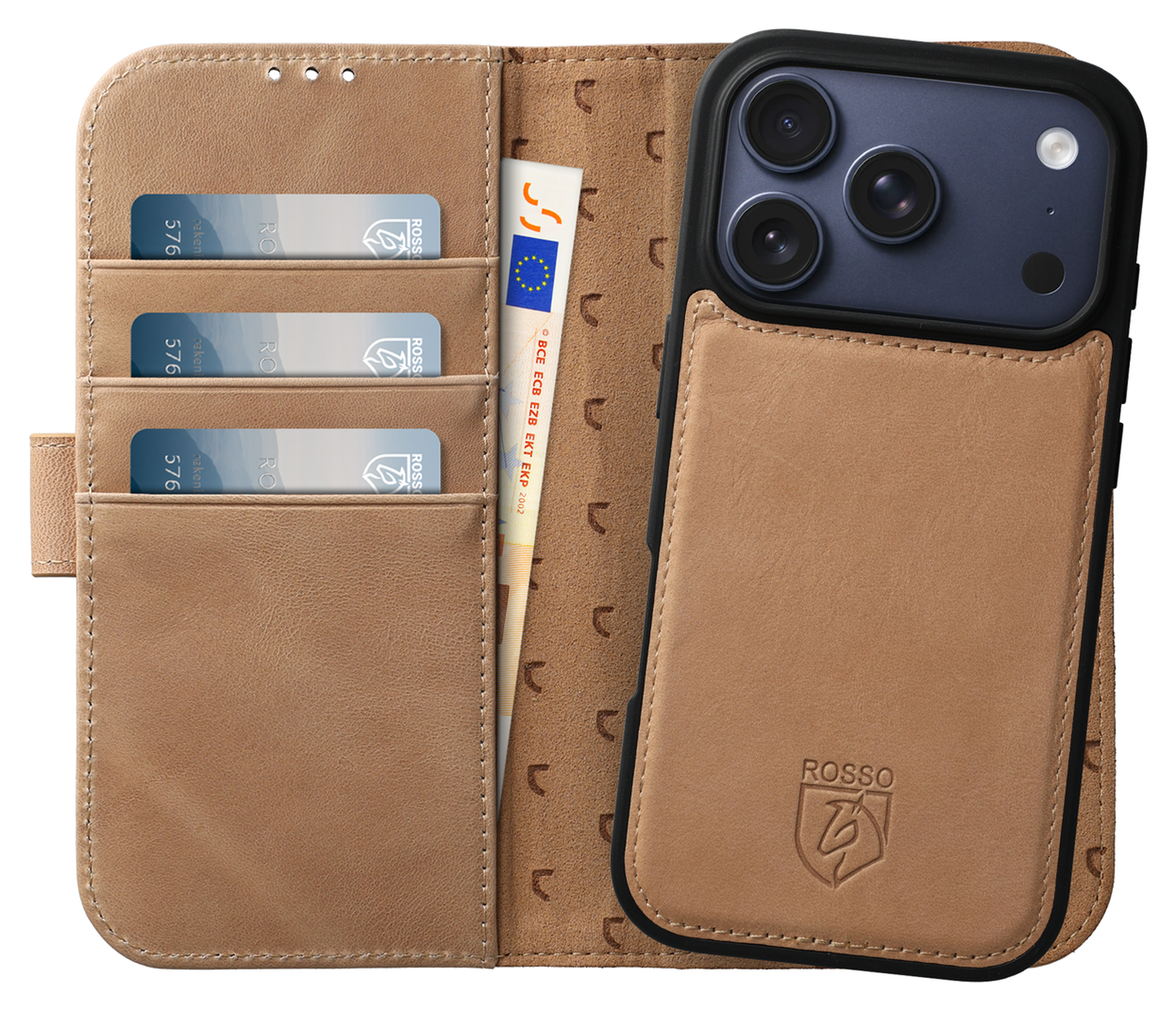 Rosso Elite iPhone 17 Pro Hoesje met MagSafe Book Case Echt Leer Lichtbruin afbeelding 1
