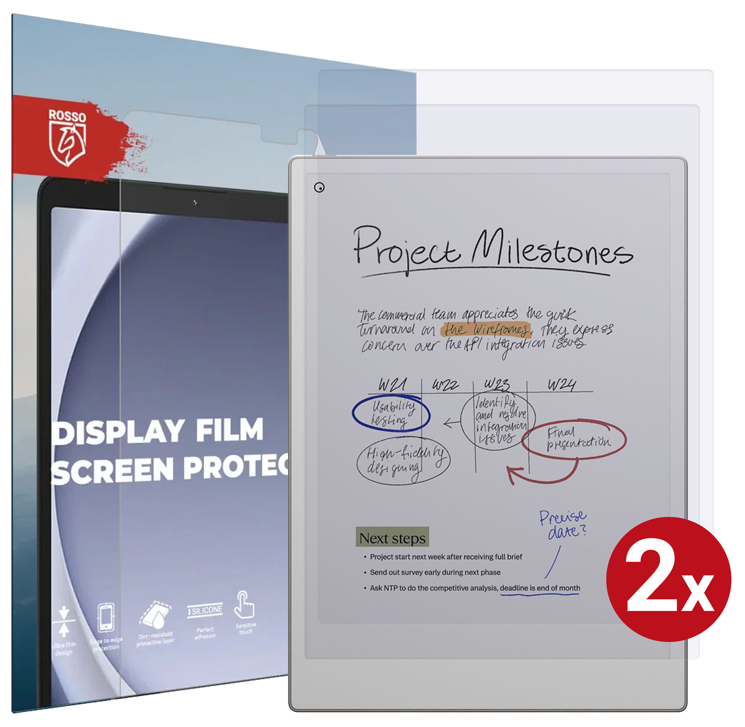 Rosso ReMarkable Paper Pro Screen Protector Ultra Clear Folie Duo Pack afbeelding 1