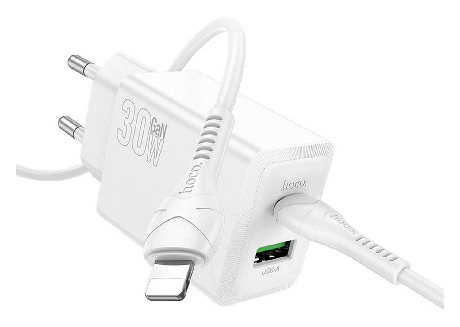 Hoco 30W PD GaN USB-A+C Snellader met USB-C naar Lightning Kabel 1M Wit afbeelding 1