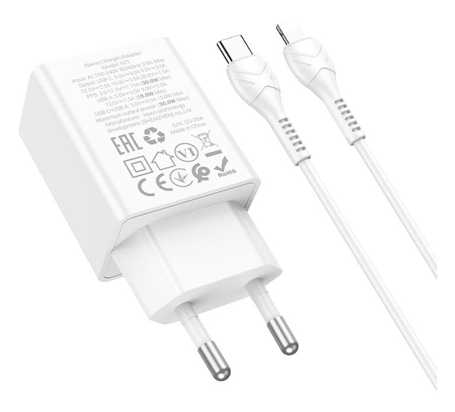 Hoco 30W Snellader Power Delivery + USB-C naar Lightning Kabel 1M Wit afbeelding 2