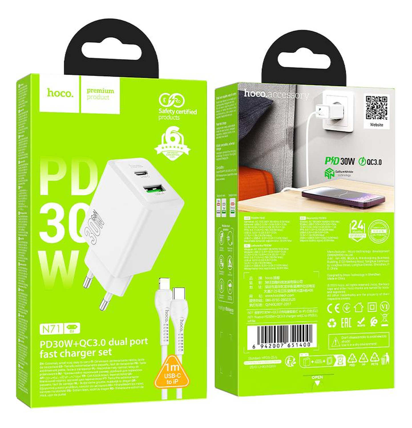 Hoco 30W Snellader Power Delivery + USB-C naar Lightning Kabel 1M Wit afbeelding 5