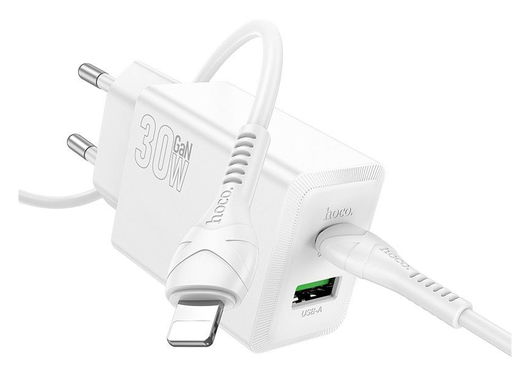 Hoco 30W PD GaN USB-A+C Snellader met USB-C naar Lightning Kabel 1M Wit afbeelding 1