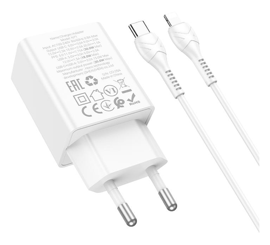 Hoco 30W Snellader Power Delivery + USB-C naar Lightning Kabel 1M Wit afbeelding 2