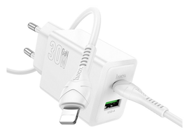 Hoco 30W PD GaN USB-A+C Snellader met USB-C naar Lightning Kabel 1M Wit