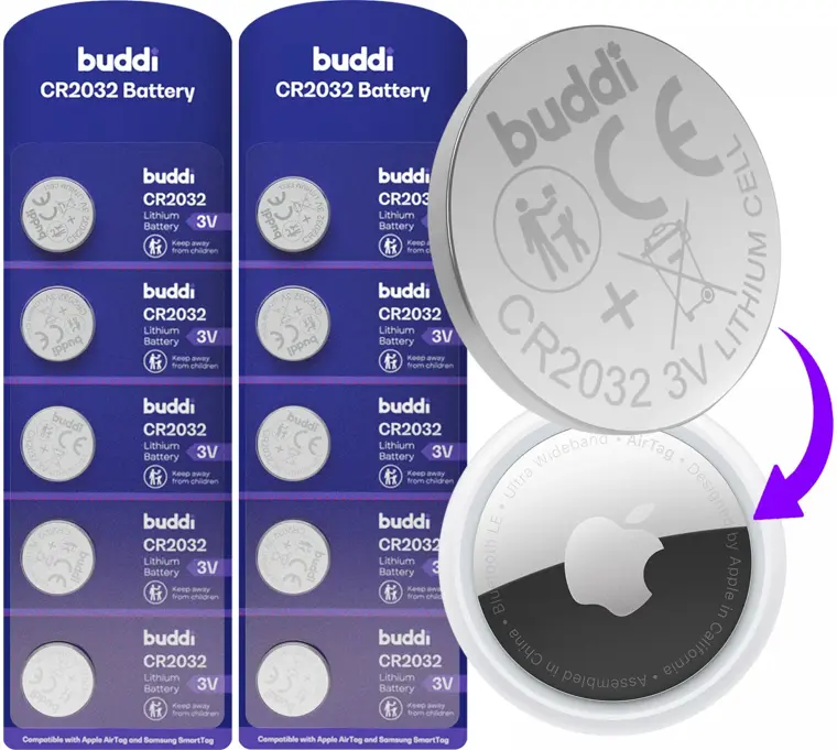 Buddi Apple AirTag Batterij CR2032 Lithium Knoopcelbatterij 210mh / 3V (10-Pack) afbeelding 1