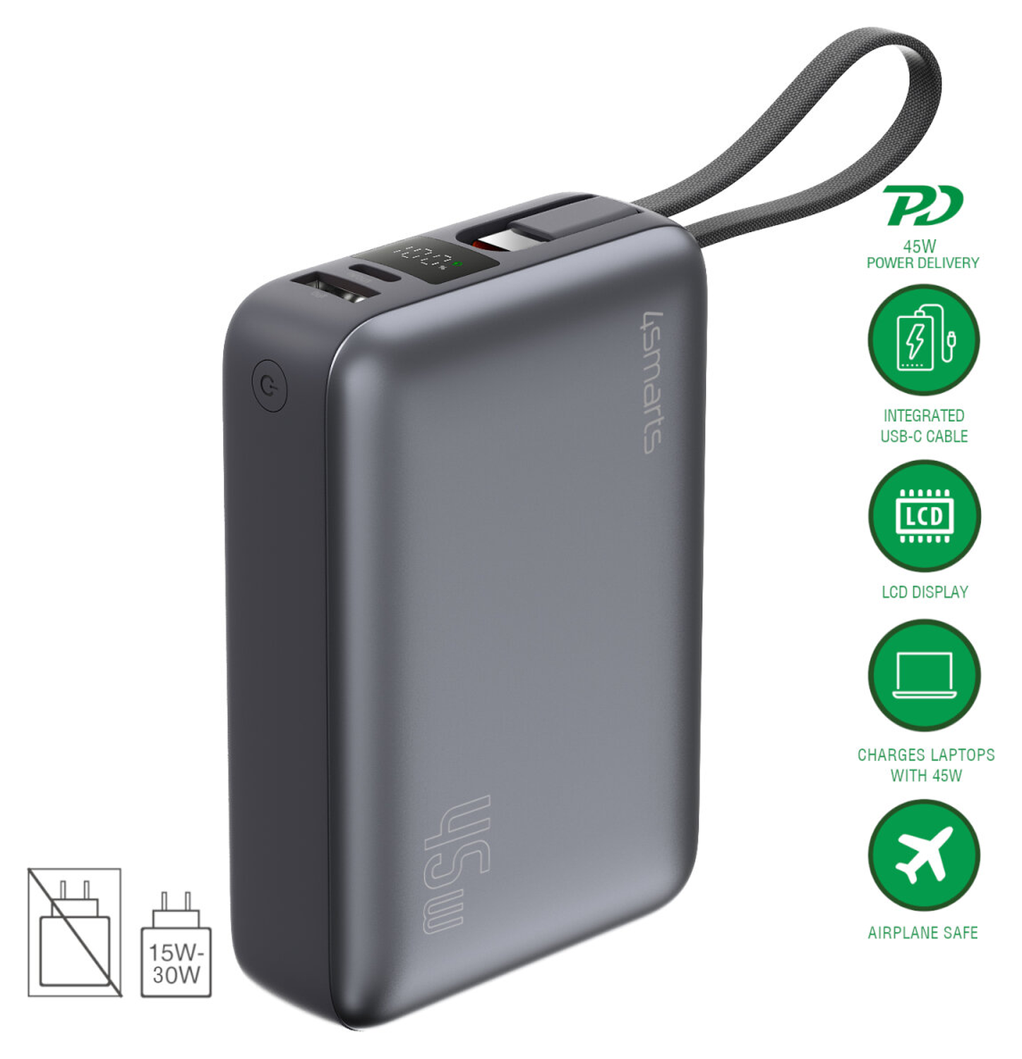 4smarts Enterprise Compact 20.000mAh Powerbank 45W Ingebouwde USB-C Kabel afbeelding 2