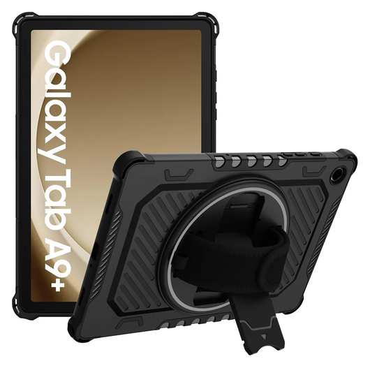 Armor X Samsung Galaxy Tab A9 Plus Hoes Kickstand Back Cover met Handstrap Zwart afbeelding 1