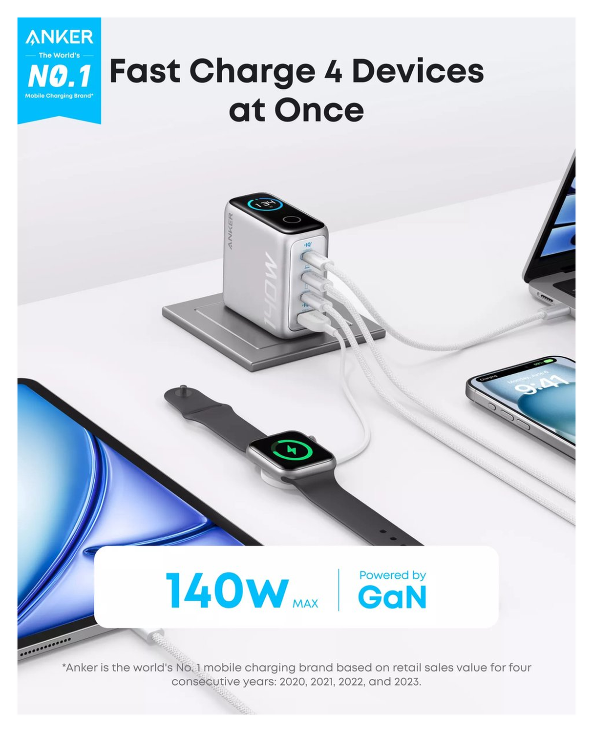 Anker Zolo (140W) USB-C Laptop Oplader GaN Snellader voor MacBook/Laptop Zilver afbeelding 2