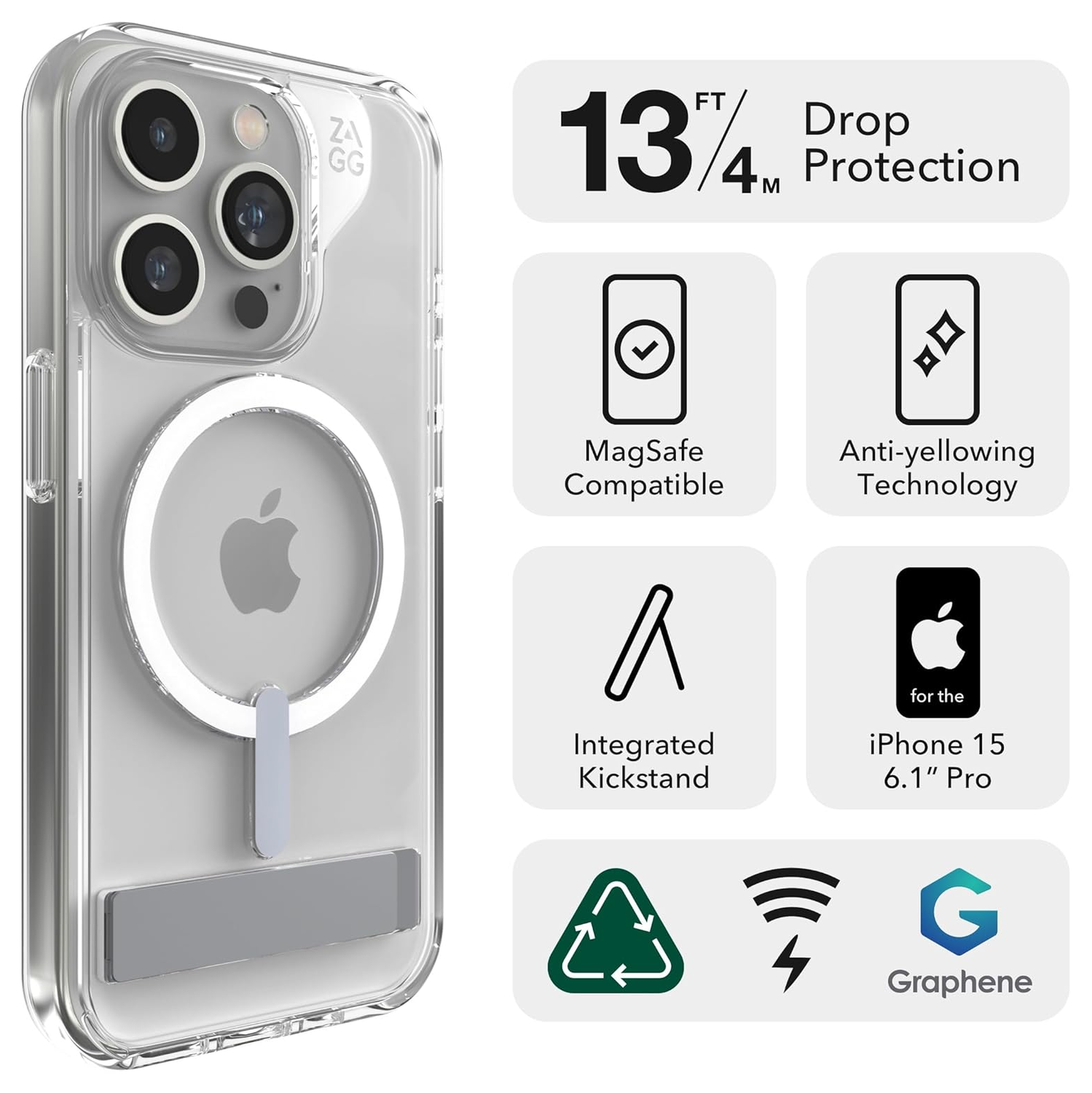 ZAGG Crystal Palace Snap Kickstand Apple iPhone 15 Pro Hoesje MagSafe Clear afbeelding 2