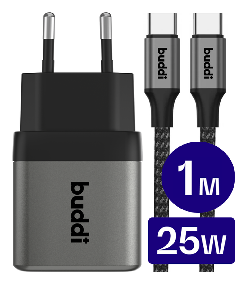 Buddi Power 25W USB-C Oplader met USB-C Kabel 1M Grijs afbeelding 1