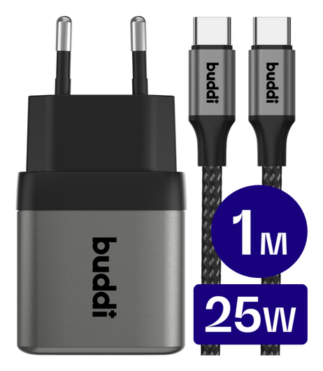Buddi Power 25W USB-C Oplader met USB-C Kabel 1M Grijs afbeelding 1