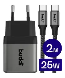 Buddi Power 25W USB-C Oplader met USB-C Kabel 2M Grijs afbeelding