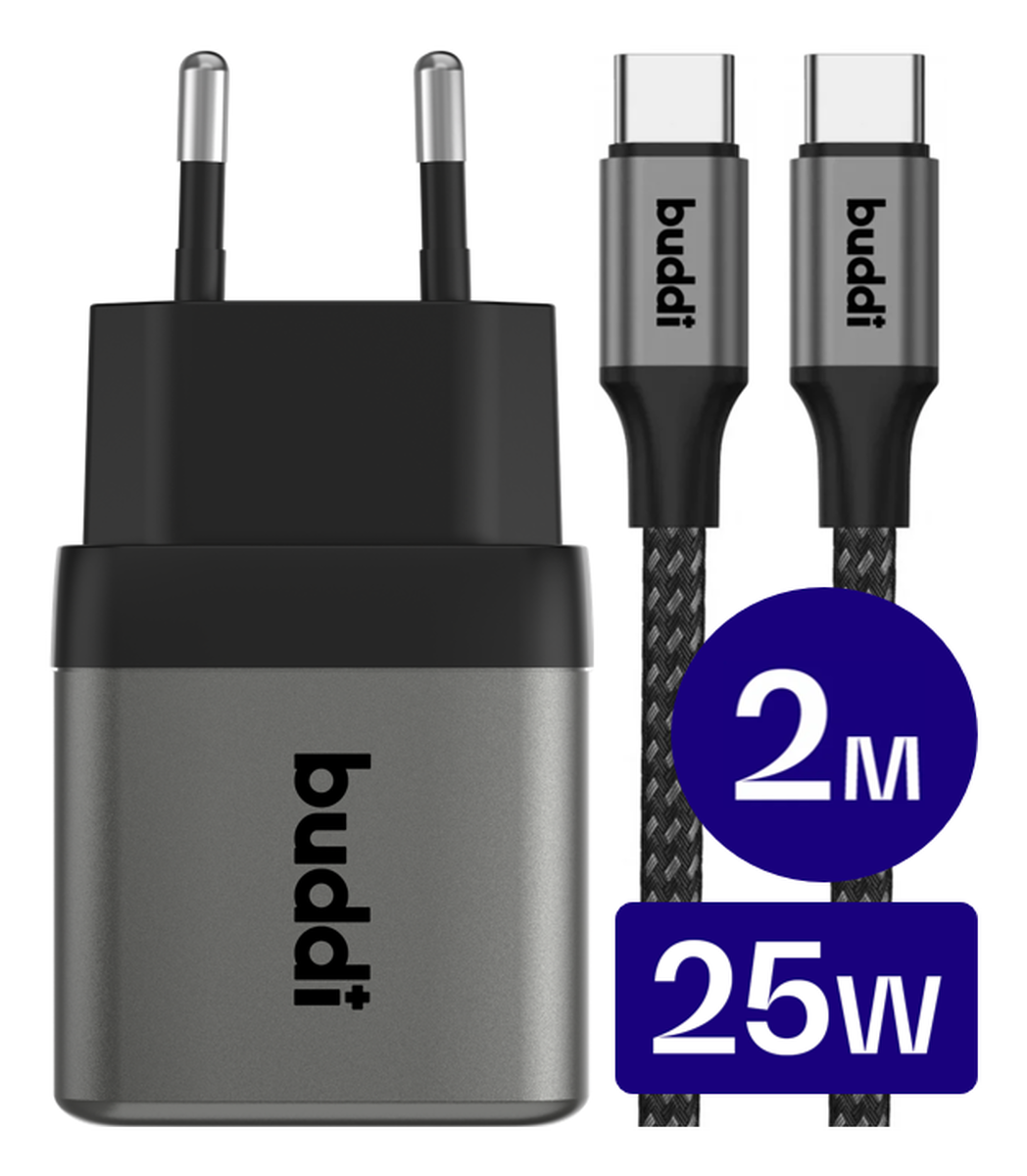 Buddi Power 25W USB-C Oplader met USB-C Kabel 2M Grijs afbeelding 1