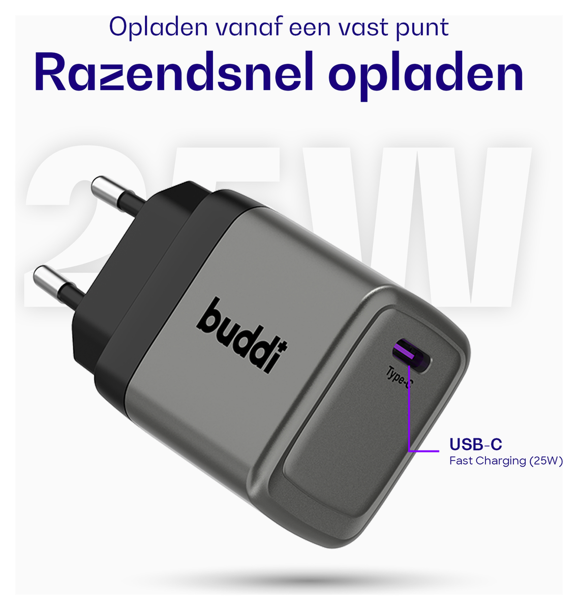 Buddi Power 25W USB-C Oplader met USB-C Kabel 2M Grijs afbeelding 4
