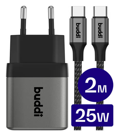 Buddi Power 25W USB-C Oplader met USB-C Kabel 2M Grijs afbeelding 1