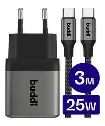 Buddi Power 25W USB-C Oplader met USB-C Kabel 3M Grijs afbeelding