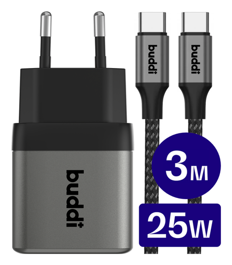 Buddi Power 25W USB-C Oplader met USB-C Kabel 3M Grijs afbeelding 1