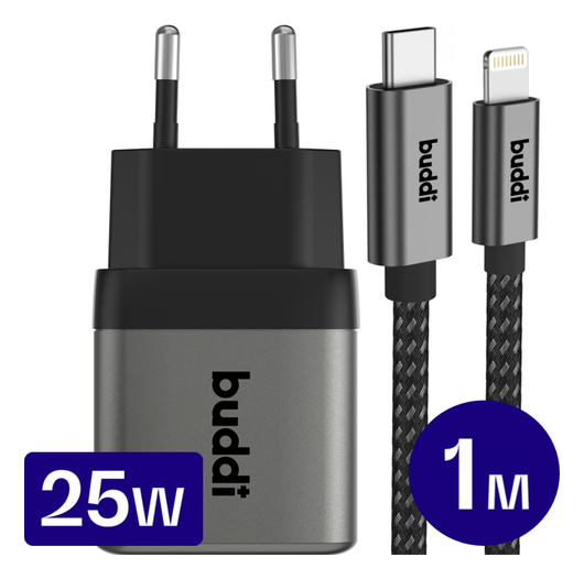 Buddi Power 25W USB-C Oplader met 20W Lightning Kabel 1M Grijs afbeelding 1