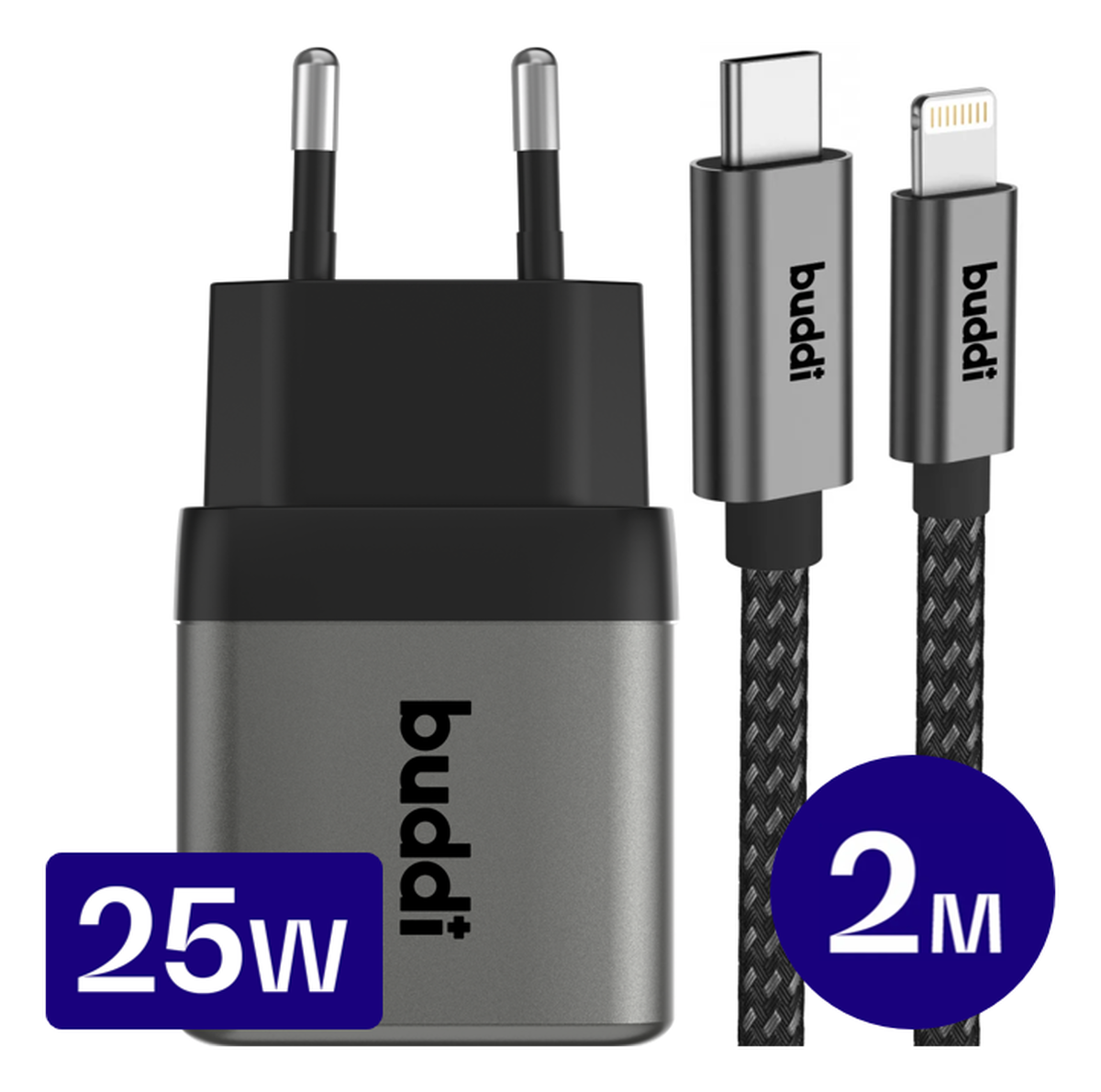 Buddi Power 25W USB-C Oplader met 20W Lightning Kabel 2M Grijs afbeelding 1