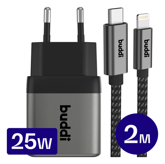 Buddi Power 25W USB-C Oplader met 20W Lightning Kabel 2M Grijs afbeelding 1