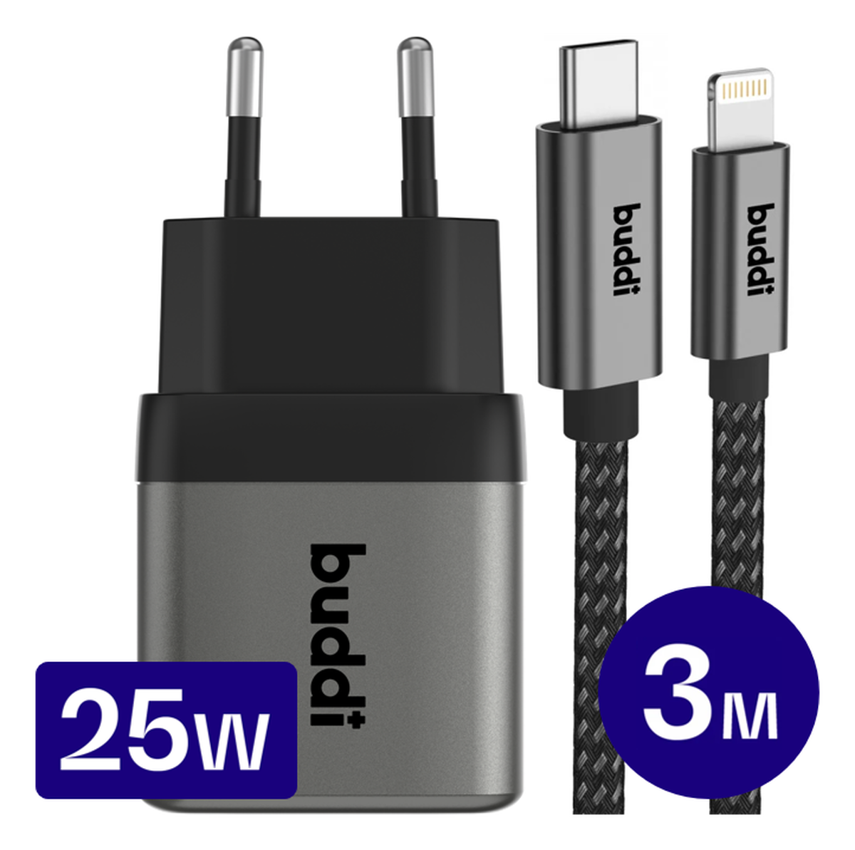 Buddi Power 25W USB-C Oplader met 20W Lightning Kabel 3M Grijs afbeelding 1