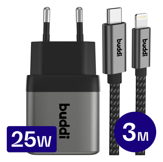 Buddi Power 25W USB-C Oplader met 20W Lightning Kabel 3M Grijs afbeelding 1