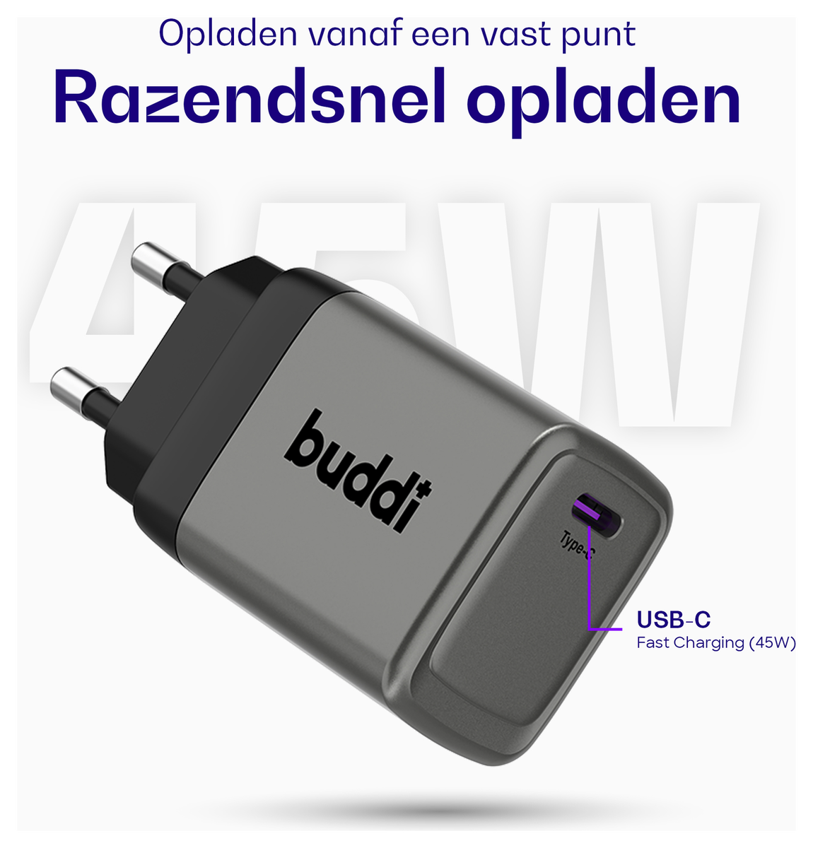 Buddi Power 45W USB-C Oplader met USB-C Kabel 1M Grijs afbeelding 3