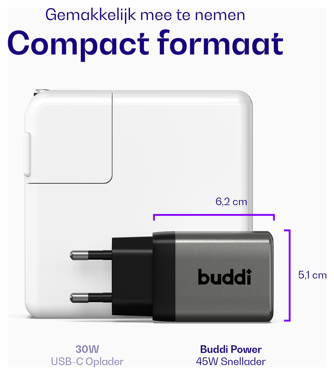 Buddi Power 45W USB-C Oplader met USB-C Kabel 1M Grijs afbeelding 4