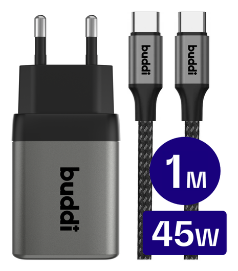 Buddi Power 45W USB-C Oplader met USB-C Kabel 1M Grijs afbeelding 1