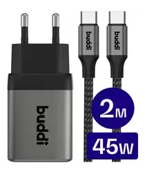Buddi Power 45W USB-C Oplader met USB-C Kabel 2M Grijs afbeelding