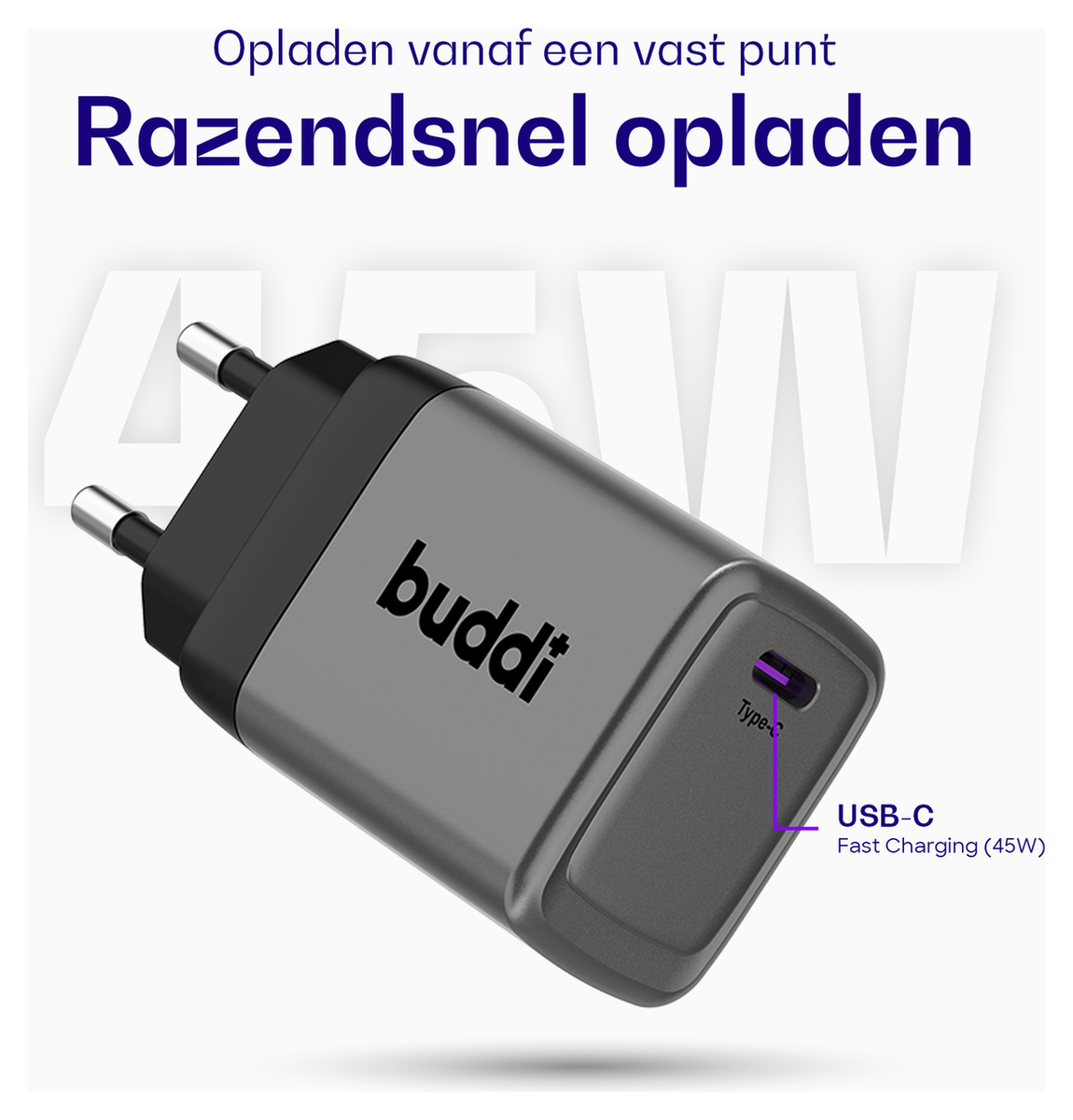 Buddi Power 45W USB-C Oplader met USB-C Kabel 3M Grijs afbeelding 3