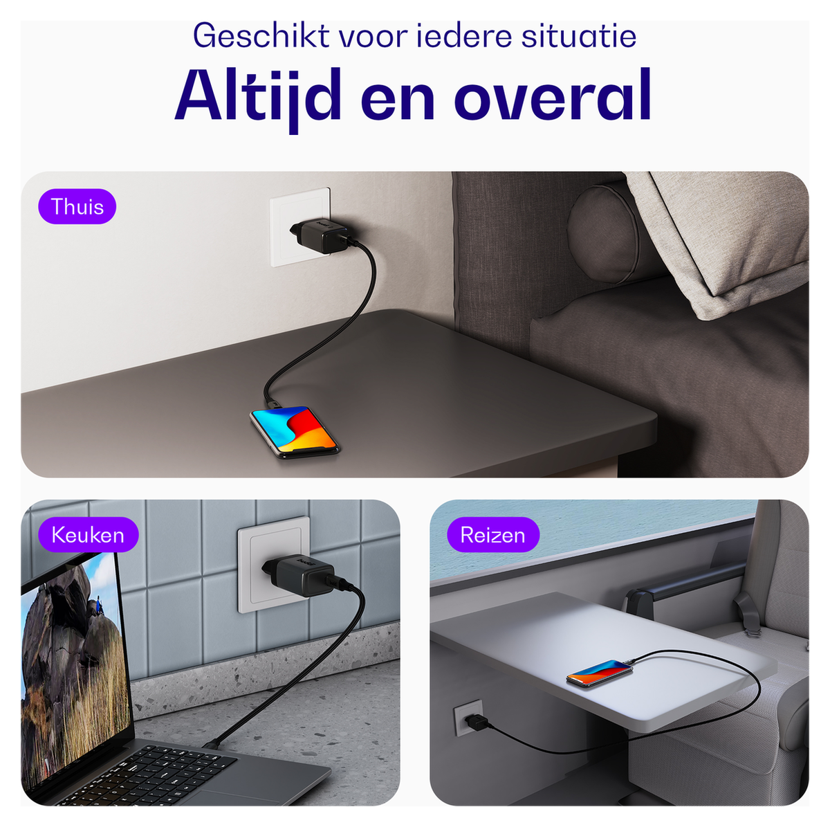 Buddi Power 45W USB-C Oplader met USB-C Kabel 3M Grijs afbeelding 5