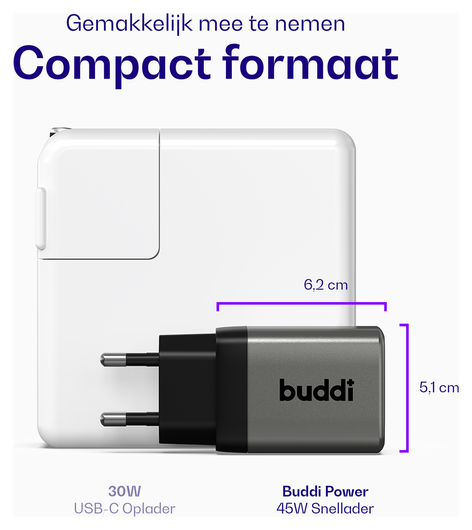 Buddi Power 45W USB-C Oplader met USB-C Kabel 3M Grijs afbeelding 4