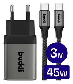 Buddi Power 45W USB-C Oplader met USB-C Kabel 3M Grijs