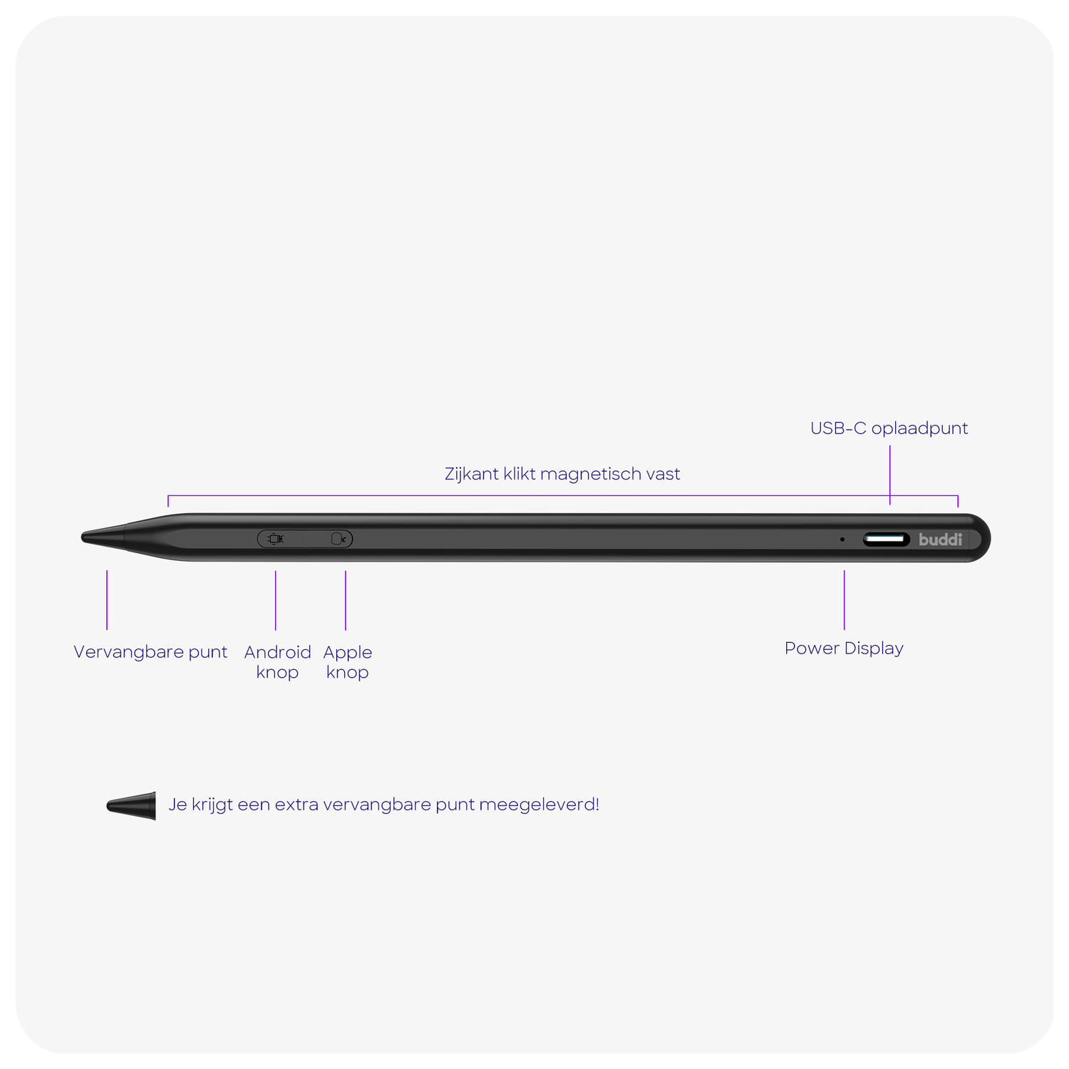 Buddi Flow 2 Universele Stylus Pen voor Android en iPad Zwart afbeelding 2