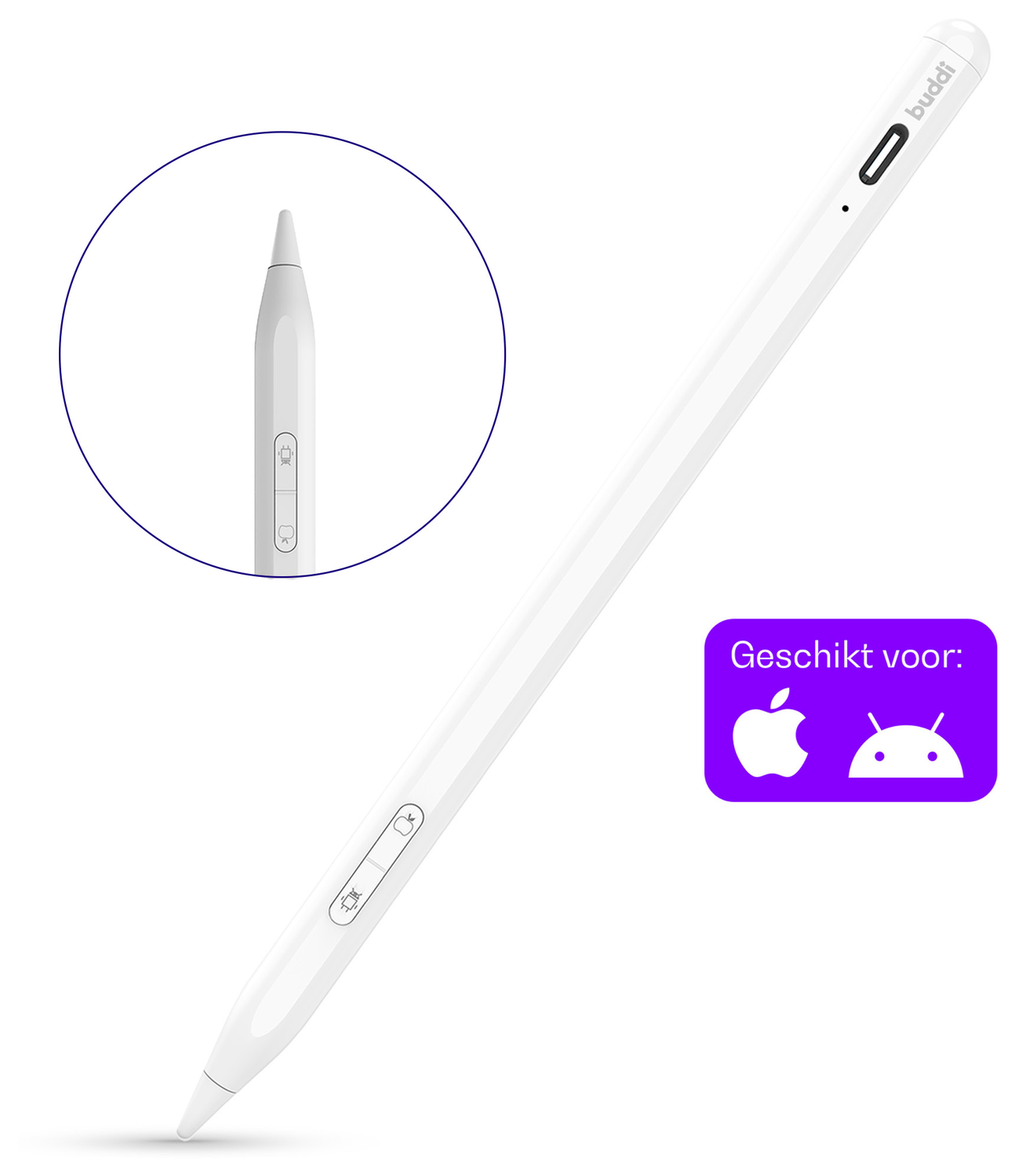 Buddi Flow 2 Universele Stylus Pen voor Android en iPad Wit afbeelding 1
